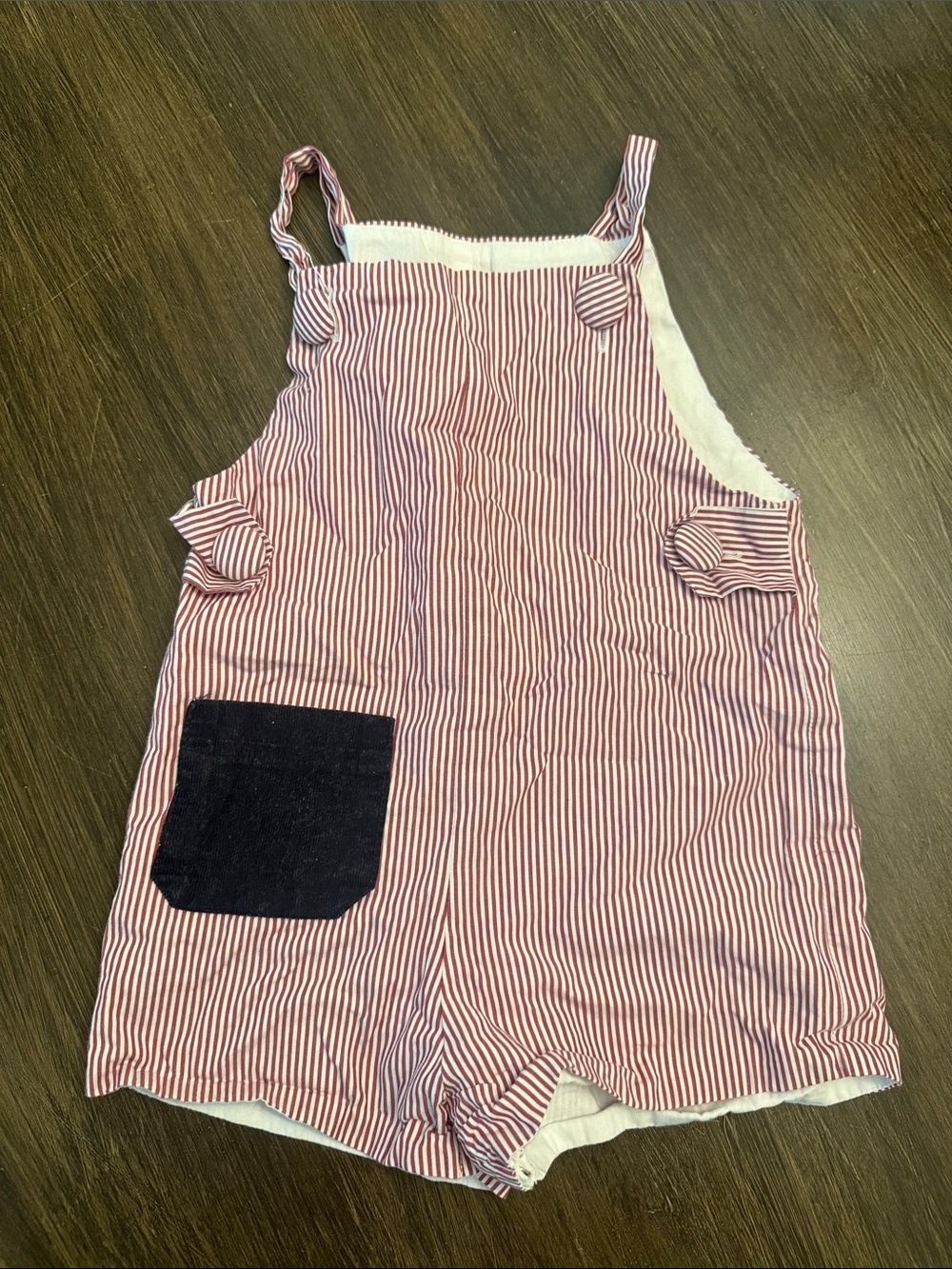 Striped Red & White Kids Romper with Navy Patch Pocket